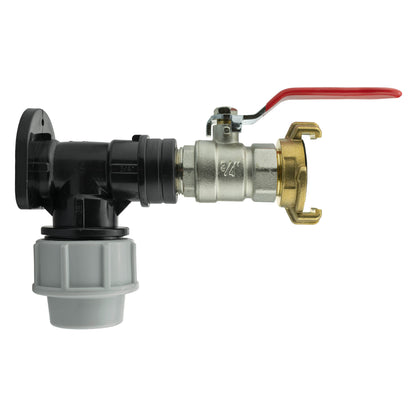 25mm MDPE wall flange fitting with lever valve and 3/4” BSP threaded outlet