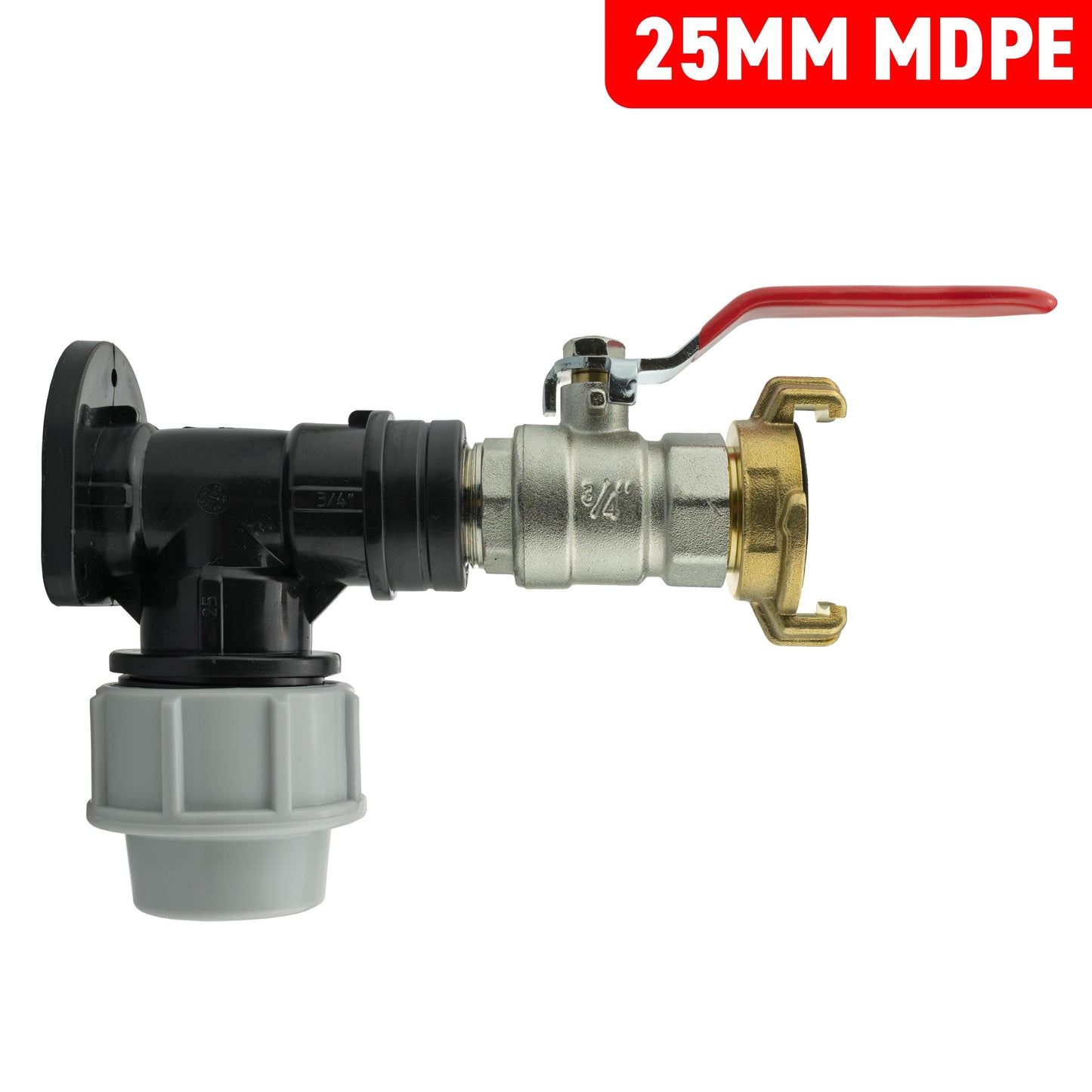 25mm MDPE lever valve kit with 3/4” BSP threaded connector and brass clamp end