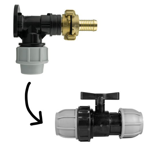 Wall flange kit: 25mm MDPE valve with 19mm barbed Geka connection, elbow fittings