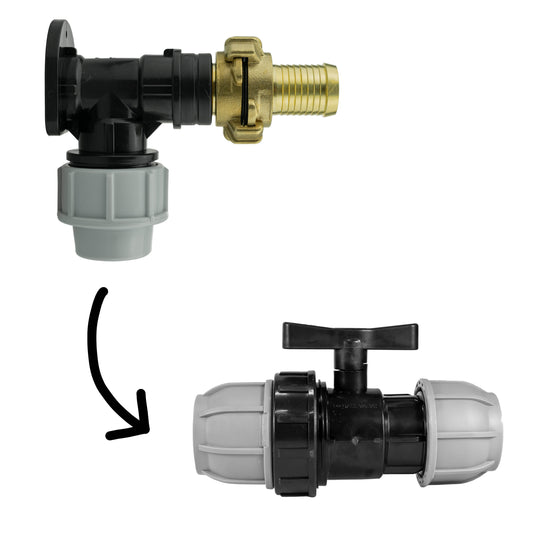 Wall flange kit with 25mm MDPE valve and 25mm barbed Geka outlet, black and brass fittings