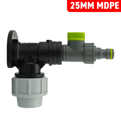 25mm MDPE wall flange kit with quick connector valve, green top and grey body