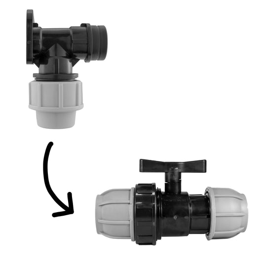 25mm MDPE wall flange kit with valve—black connector top and grey base.
