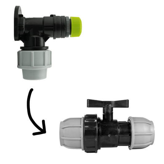 25mm MDPE wall flange kit: black elbow with green ribbed hose connector