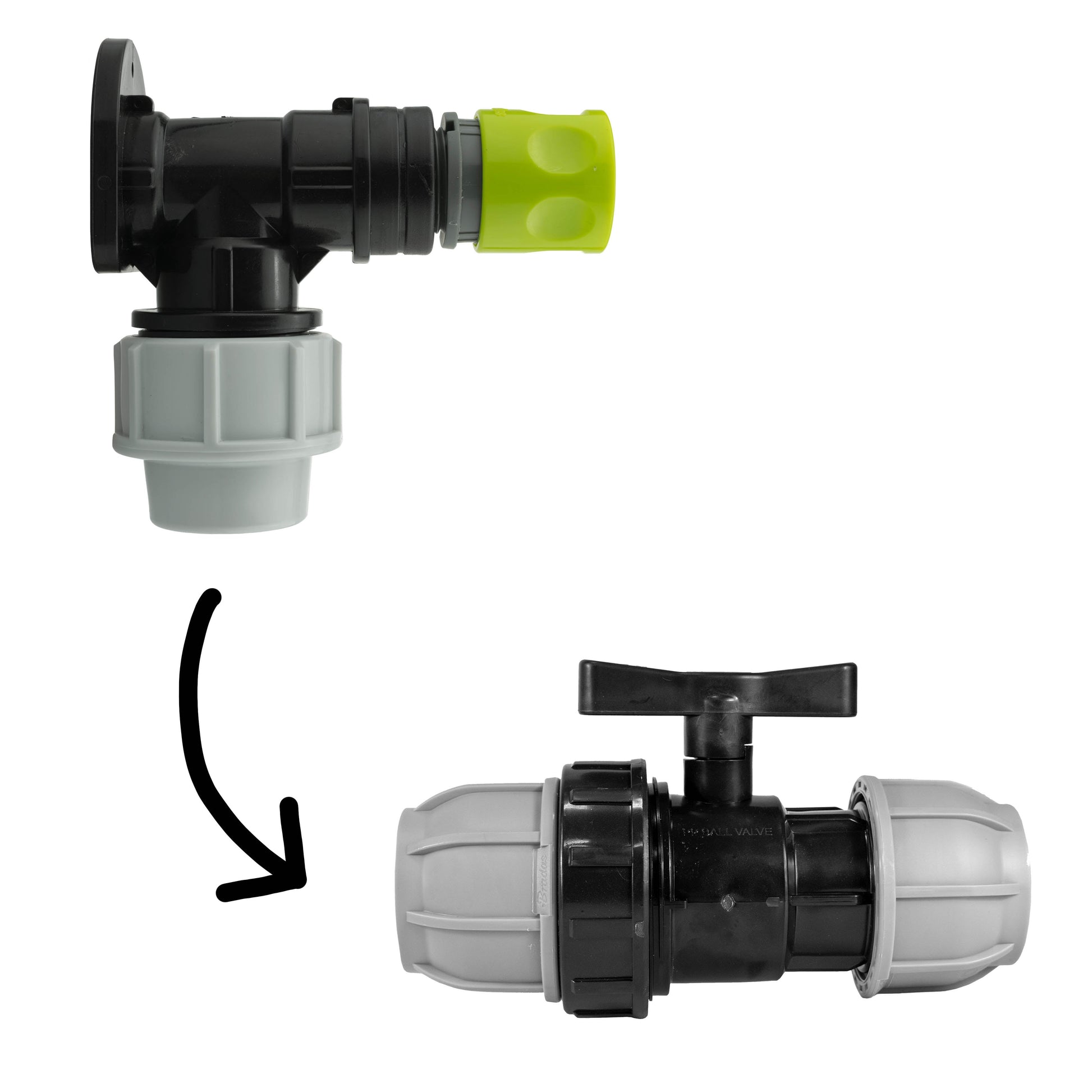Wall flange kit 32mm elbow valve with green female quick connector