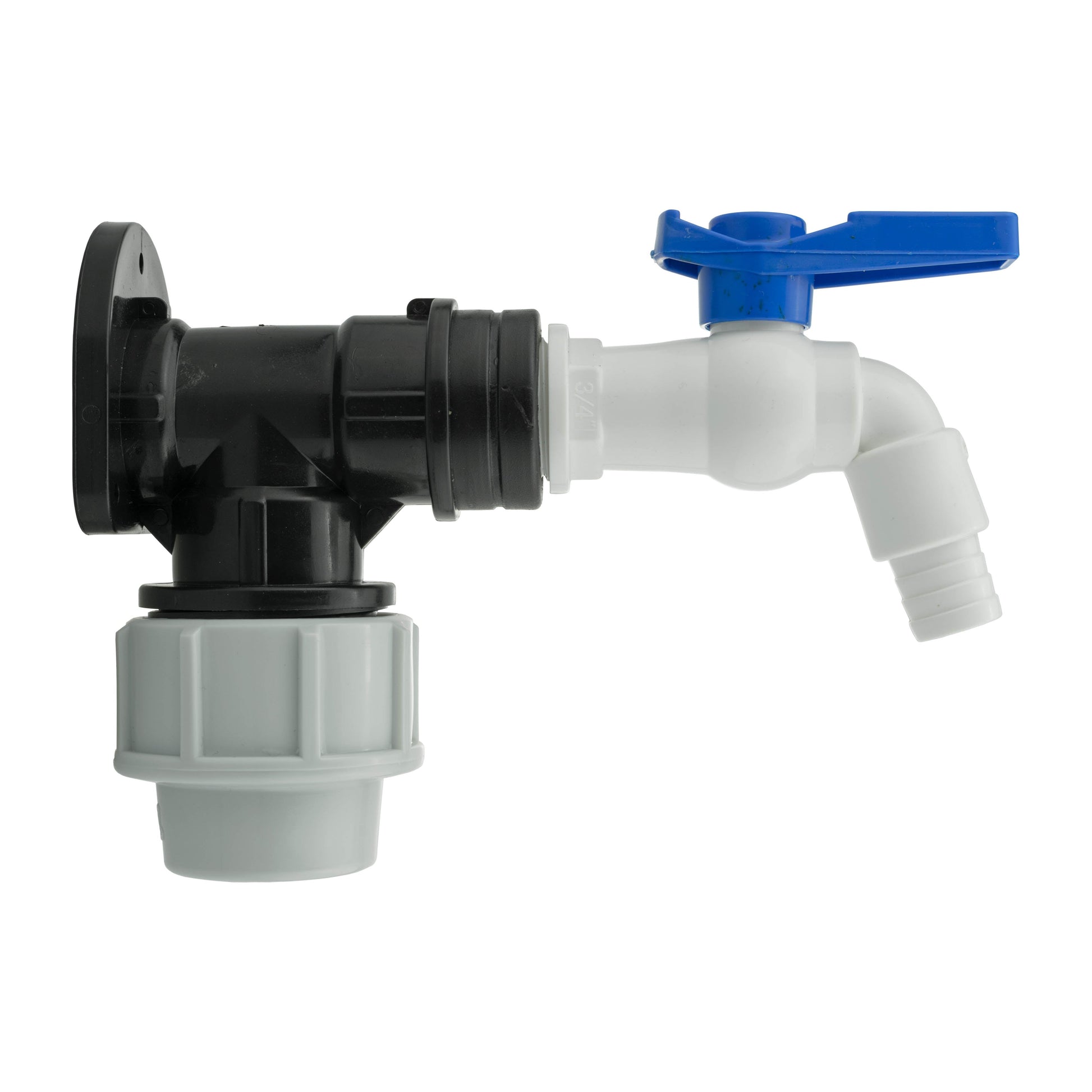 32mm MDPE wall flange kit with white PVC tap outlet and blue handle