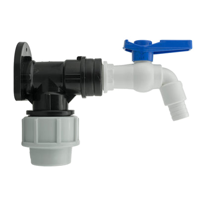 32mm MDPE wall flange kit with white PVC tap outlet and blue handle