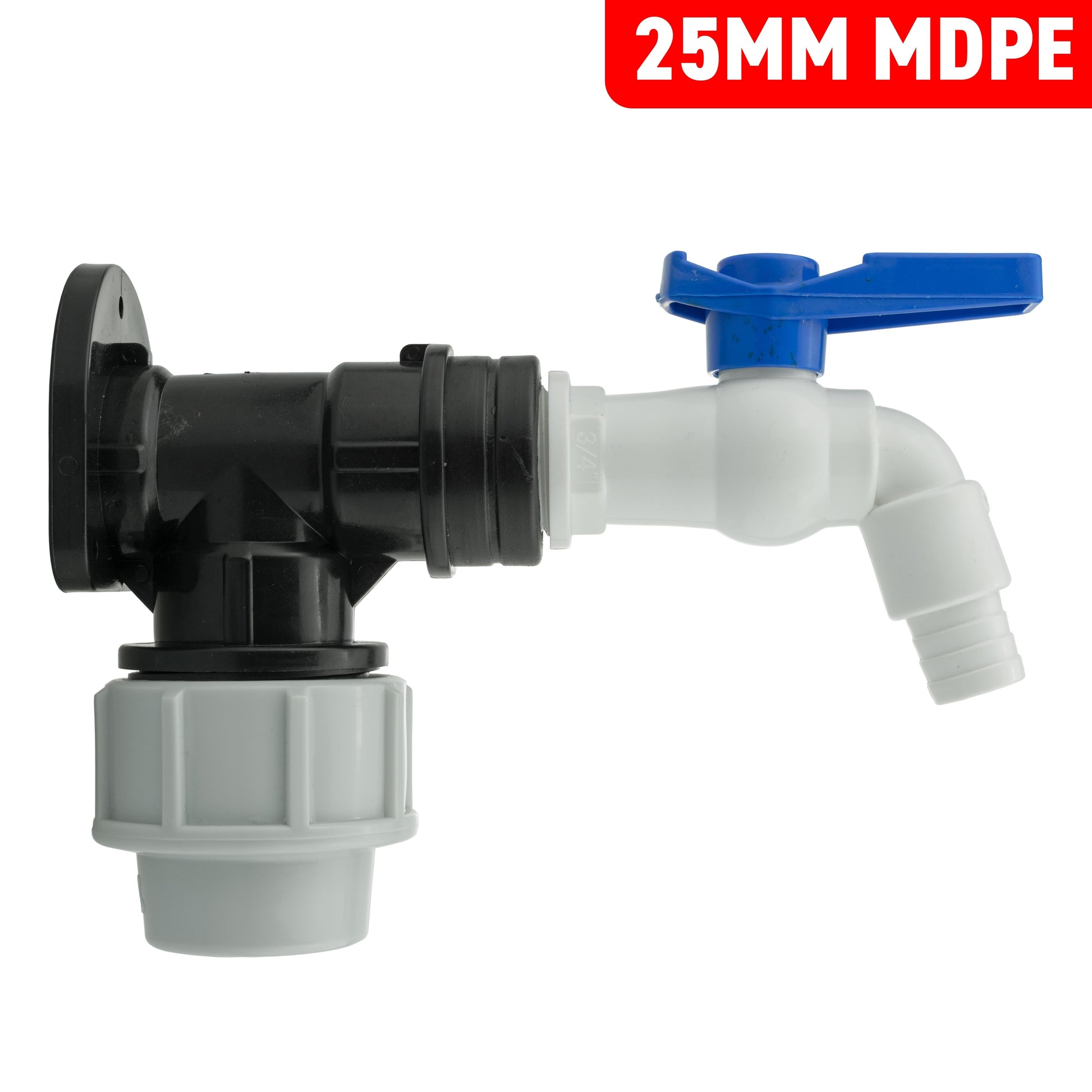 25mm MDPE wall flange kit, black elbow section with white tap outlet and connector