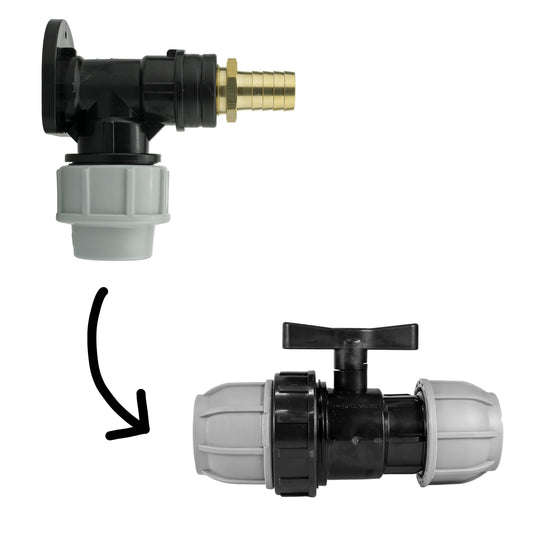 Wall flange kit: black valve with brass 19mm barb and grey MDPE connection
