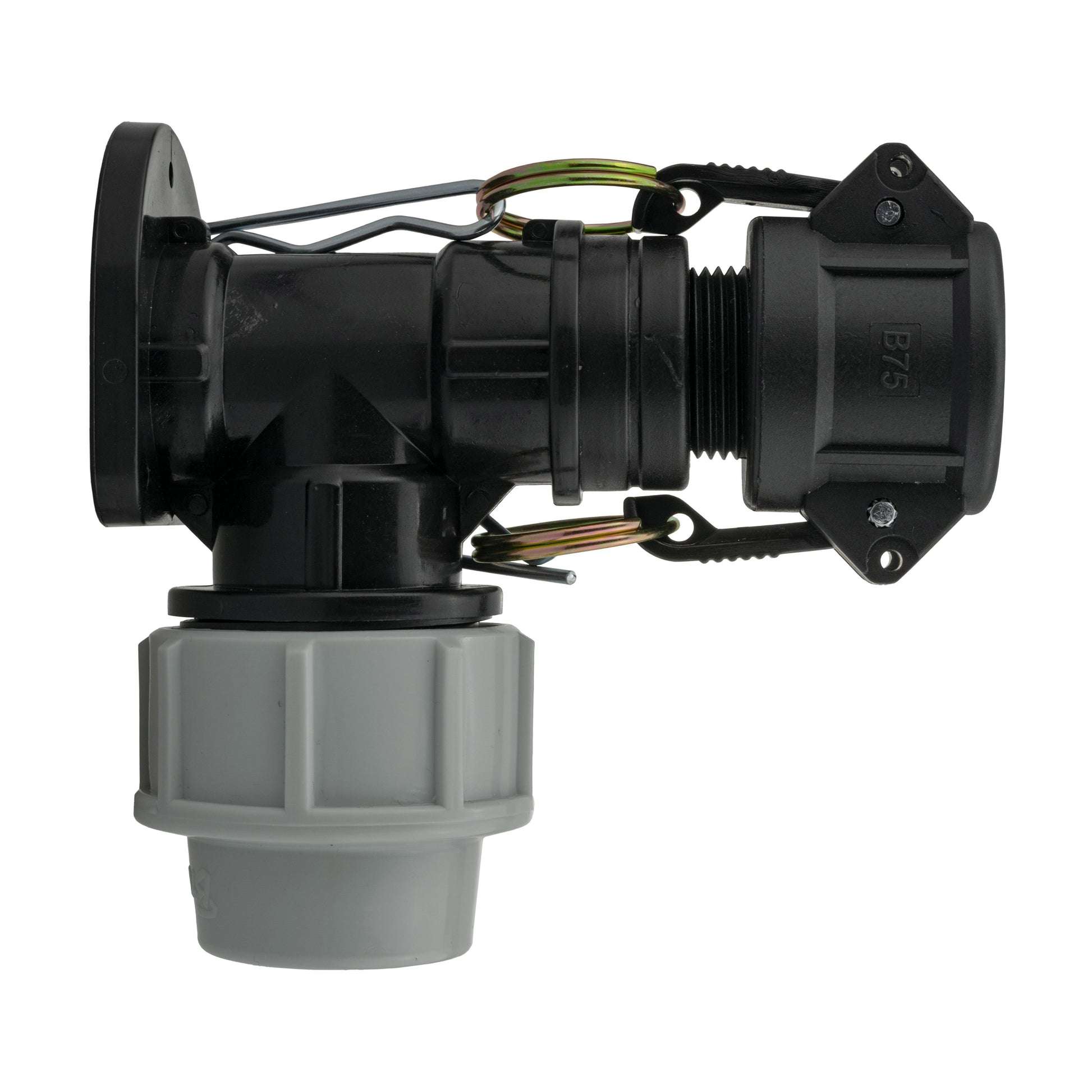 Wall flange kit: 25mm MDPE, 3/4in Camlock Type B, black/grey fitting