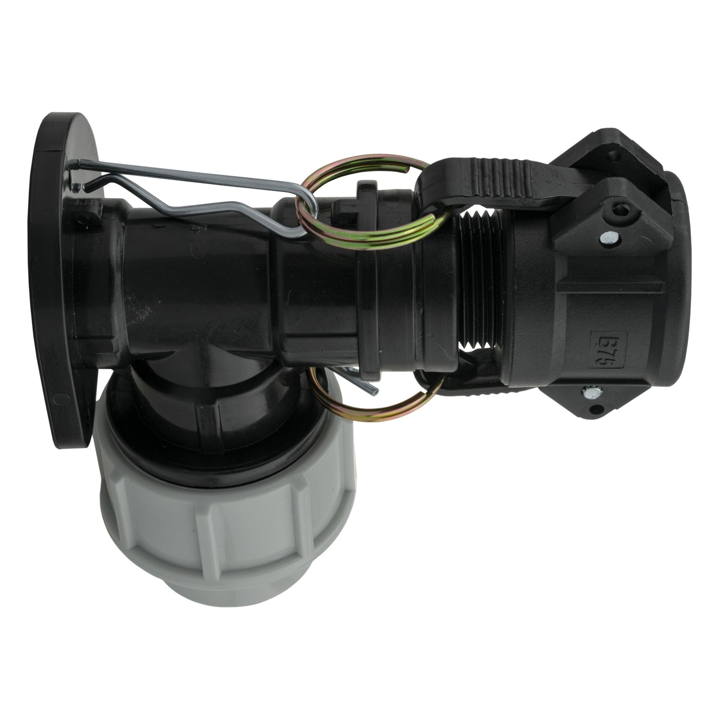 Wall flange kit angle connector with 3/4in camlock end and grey MDPE sleeve