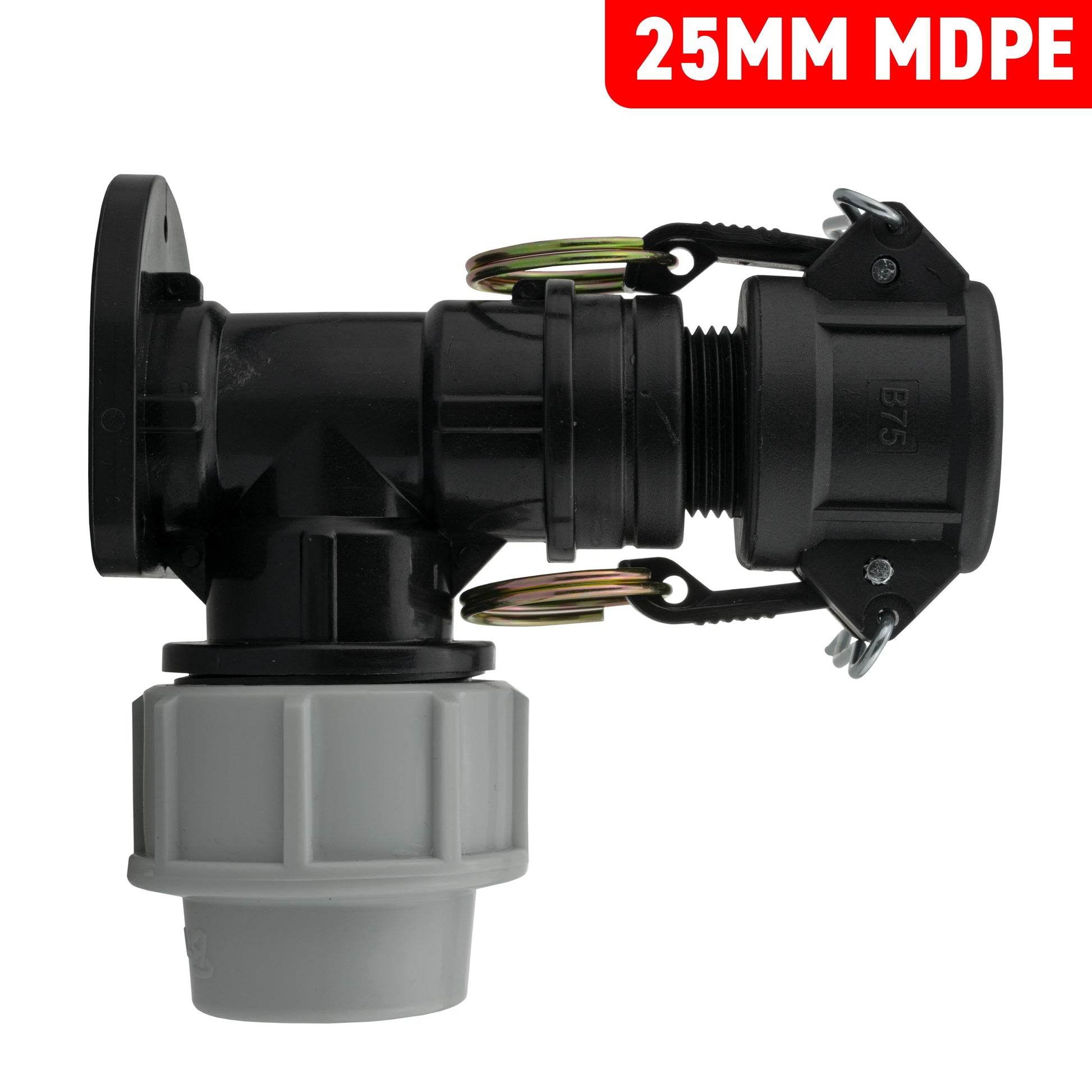 Wall flange kit 25mm MDPE + 3/4in Camlock Type B, black connector