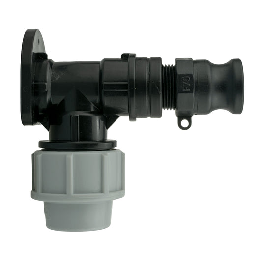 Wall flange kit 25mm MDPE with 3/4" Camlock Type F connector, black and grey elbow fitting