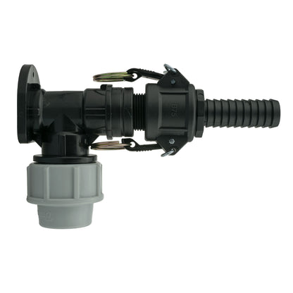 Wall flange kit, 25mm MDPE with 3/4" camlock Type B+E, black/gray elbow connector