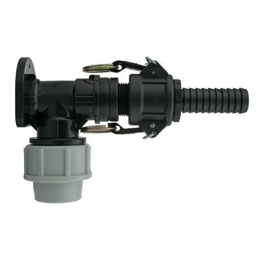 Wall flange kit, 25mm MDPE with 3/4" camlock Type B+E, black/gray elbow connector