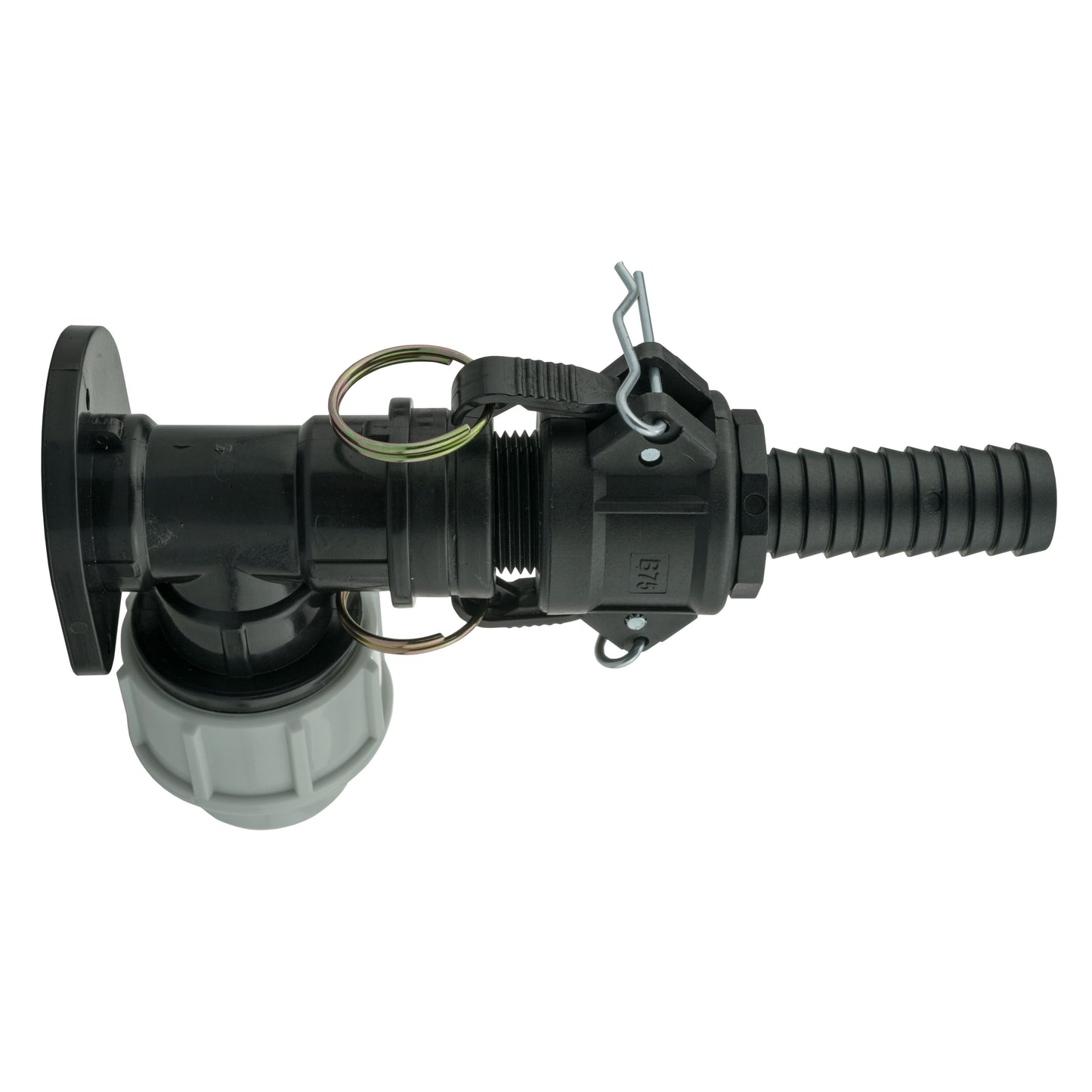 25mm MDPE wall flange kit with 3/4" BSPF camlock Type B+E, locking levers detail