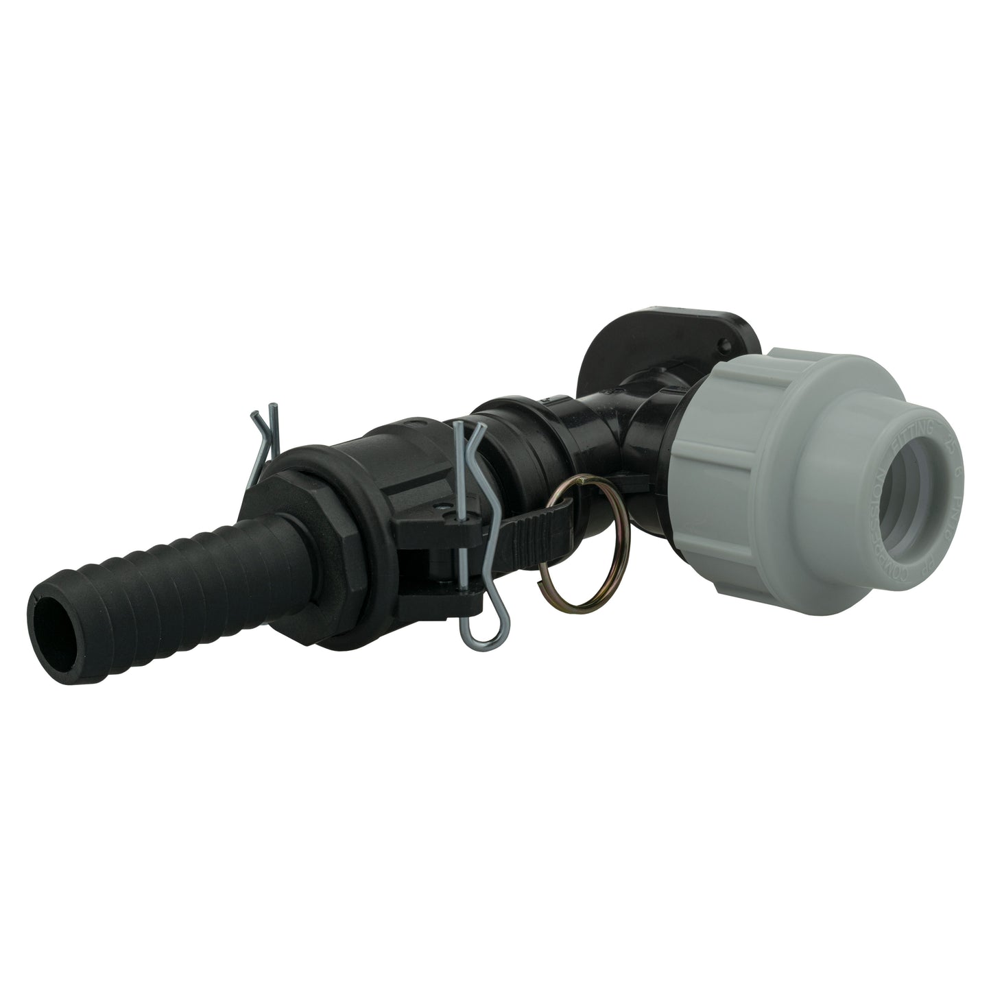 Camlock Type B+E wall flange kit with 25mm MDPE ends, black cam body and gray inlet