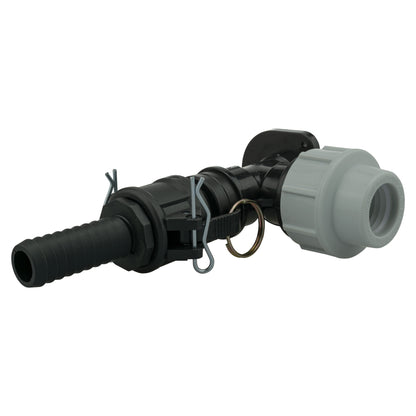 Camlock Type B+E wall flange kit with 25mm MDPE ends, black cam body and gray inlet
