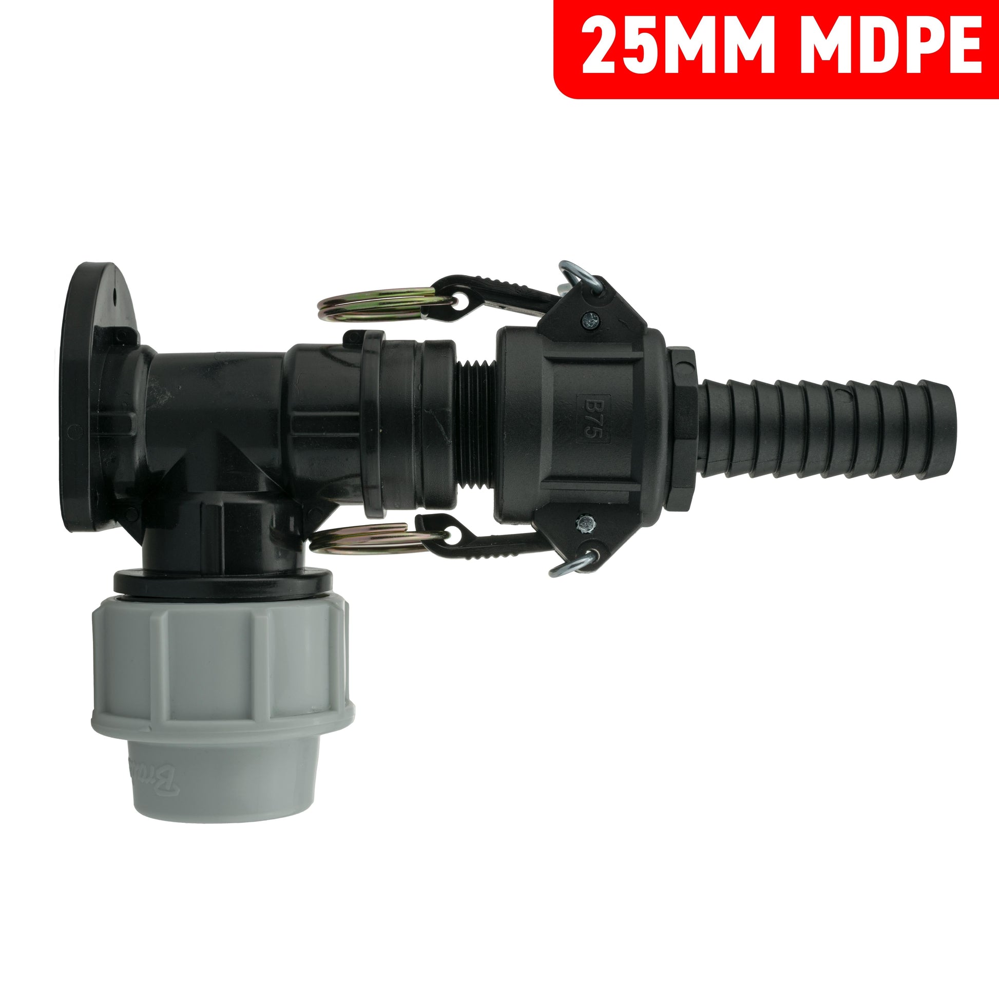 25mm MDPE + 3/4" camlock Type B+E wall flange elbow connector in black and gray