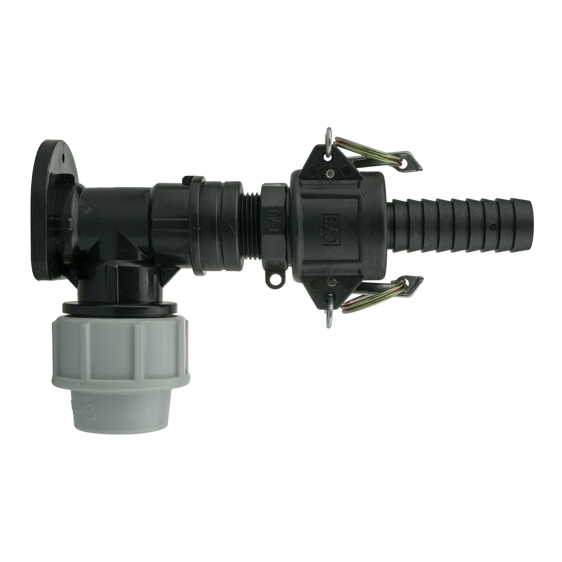 Wandflansch-Kit 25mm (MDPE) mit 3/4" Camlock Type F+C, schwarz und hellgrau