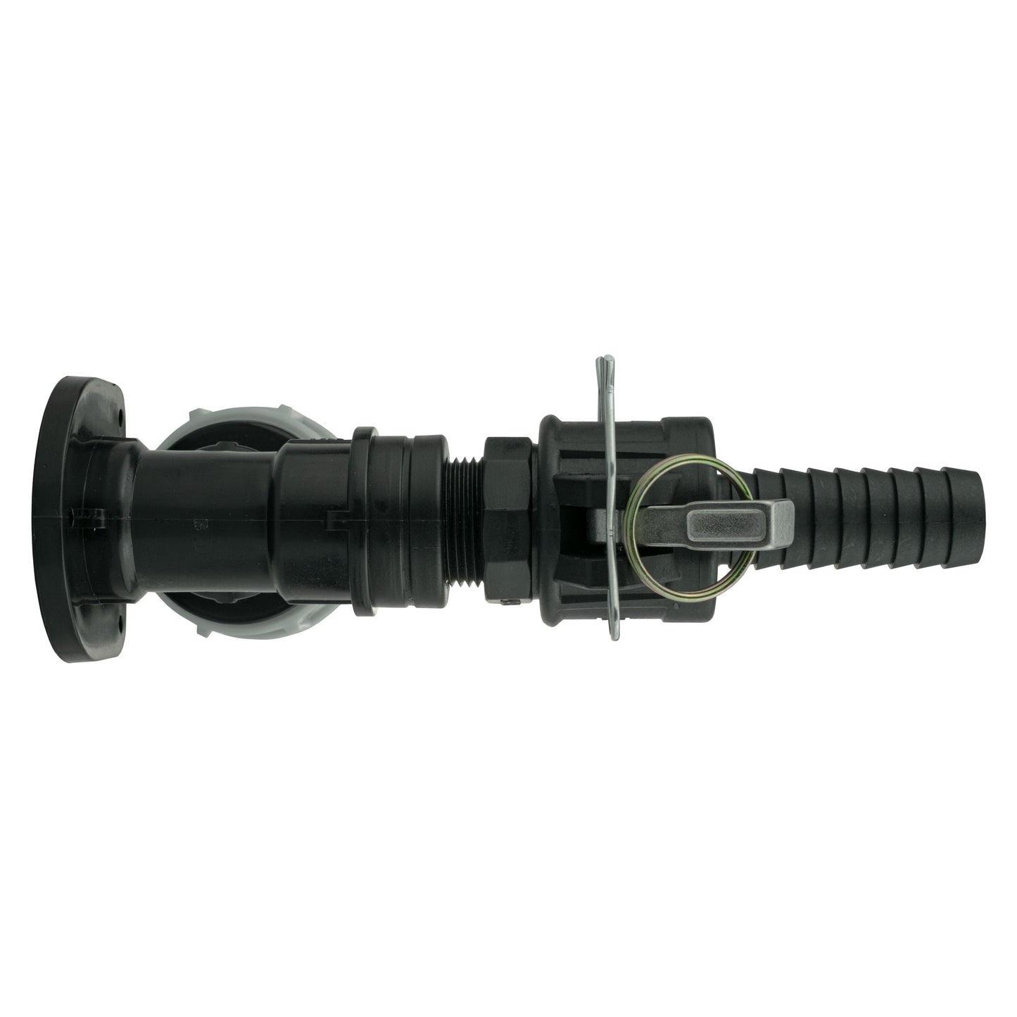 Wandflansch-Kit 25mm MDPE mit Camlock Type F+C, schwarz-grauer Winkelanschluss