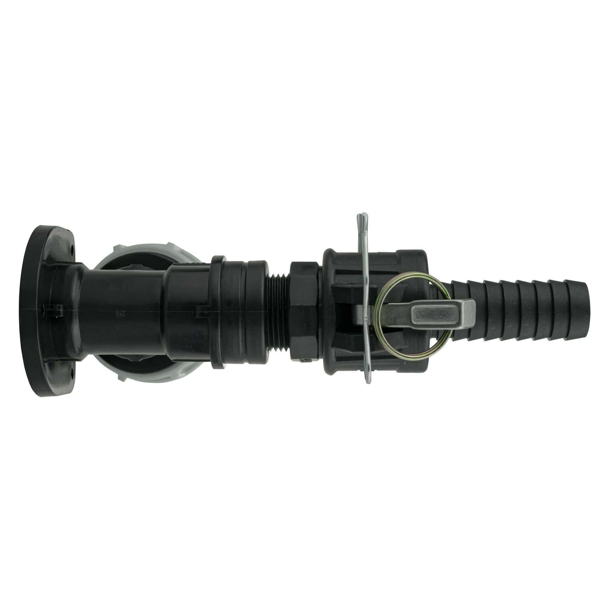 Wandflansch-Kit 25mm MDPE mit Camlock Type F+C, schwarz-grauer Winkelanschluss
