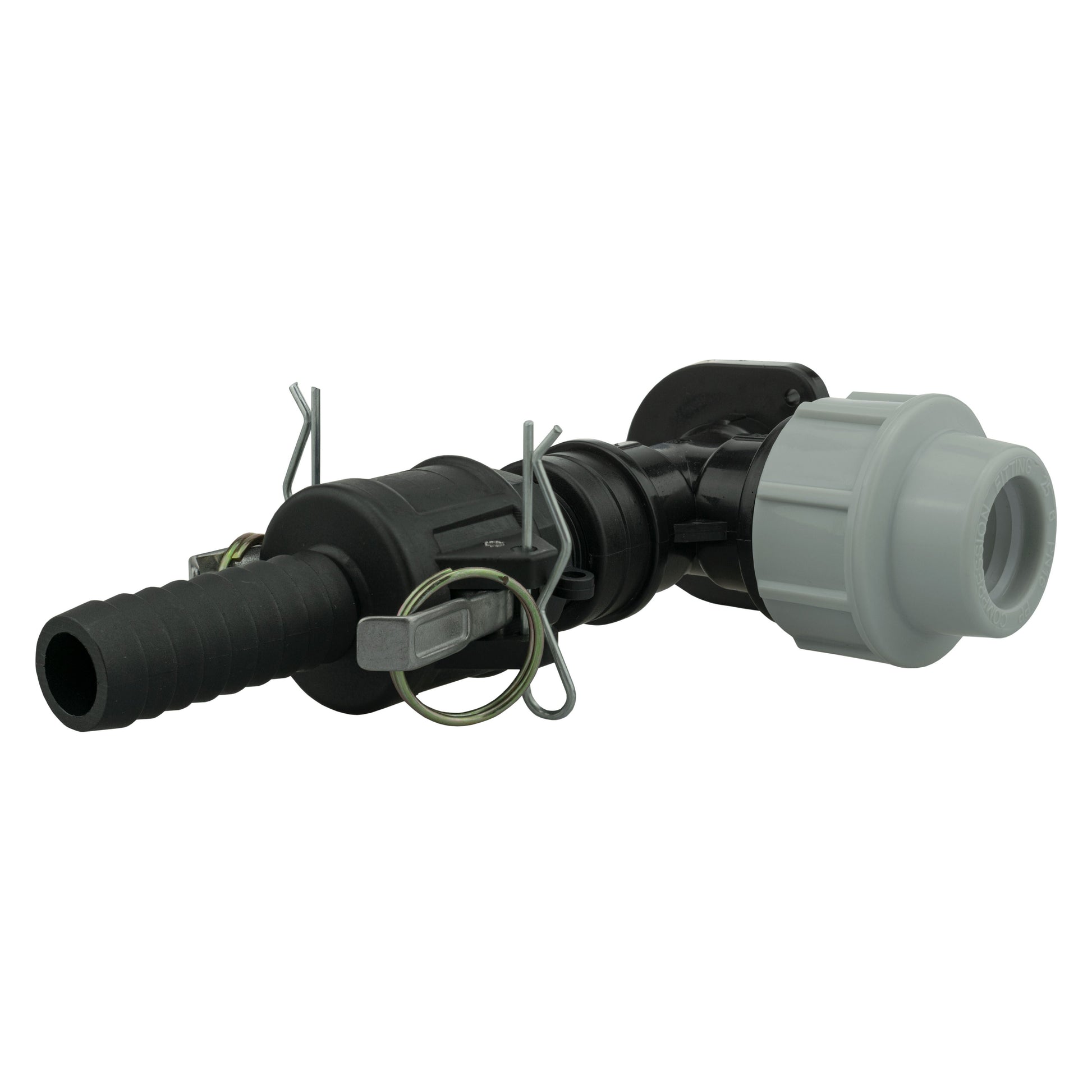 Camlock Type F+C Anschluss 3/4", schwarzes Gehäuse mit Federsicherungen, gerader Schlauchansatz