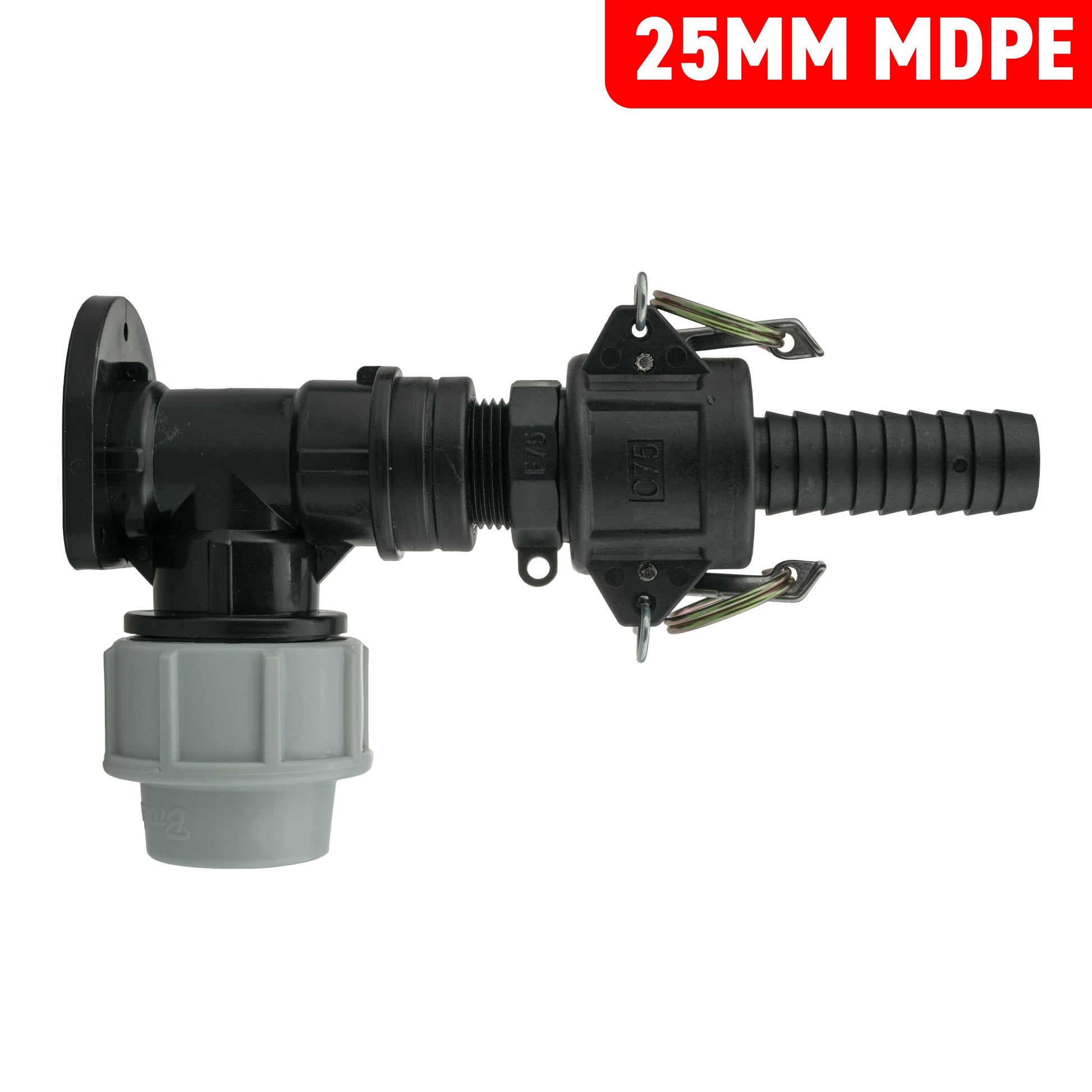 25mm MDPE Wandflansch-Kit mit 3/4" Camlock Type F+C, schwarz und hellgrau
