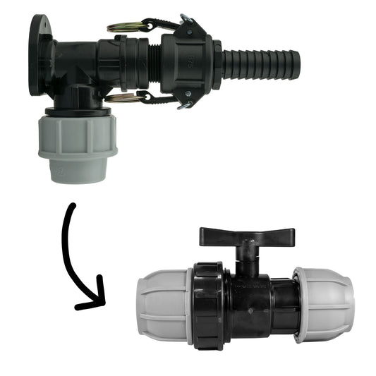 Wall flange kit 32mm: MDPE Ventil mit Camlock-Anschluss, schwarzes Winkelfitting