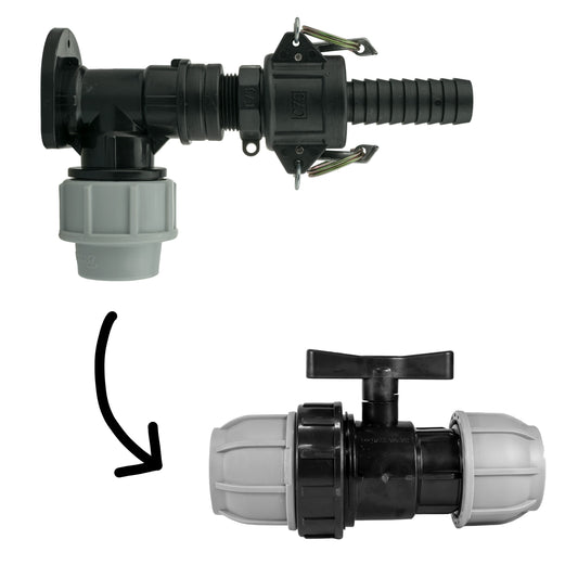 Wall flange kit with 25mm MDPE valve and 3/4" camlock Type F+C, lever handle