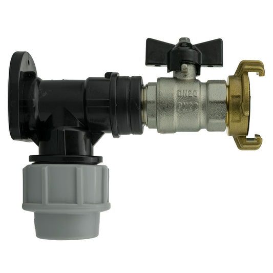 32mm MDPE wall flange kit with bib valve, Geka-style brass outlet and black handle