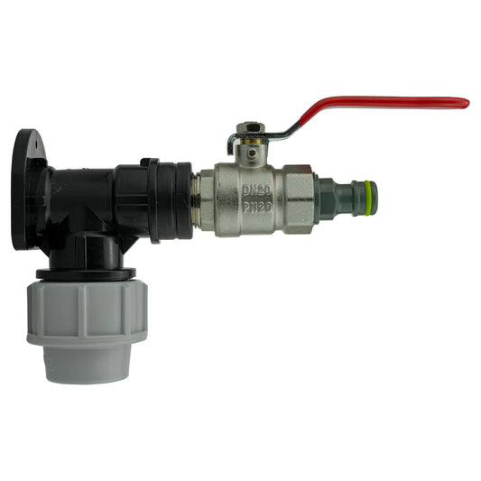 Wall flange kit with lever valve and quick connect male, 25mm MDPE, red handle