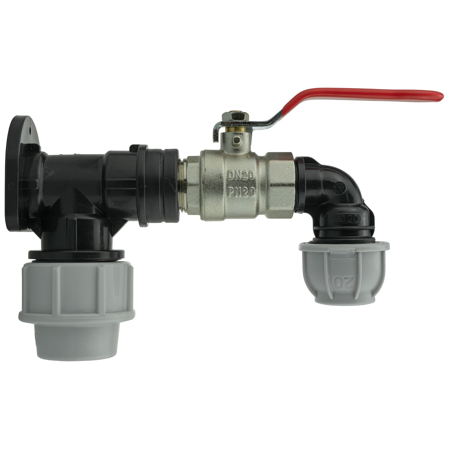 32mm wall flange kit with lever valve and 20mm MDPE elbow, red handle