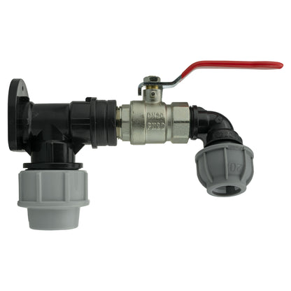 32mm wall flange adapter with lever valve, red ON/OFF handle and 20mm elbow