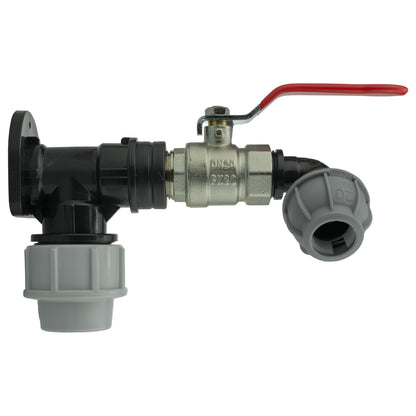 MDPE lever valve with red handle, 32mm wall flange and 20mm elbow connection