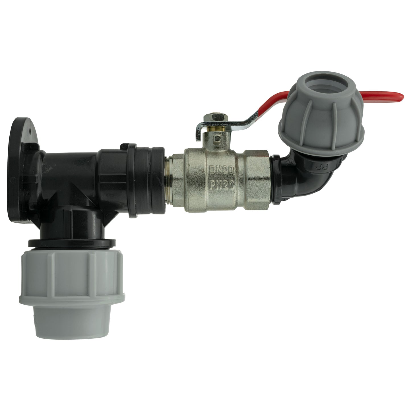 Lever valve assembly with red handle, 20mm elbow and 32mm wall flange