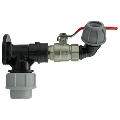 Lever valve assembly with red handle, 20mm elbow and 32mm wall flange