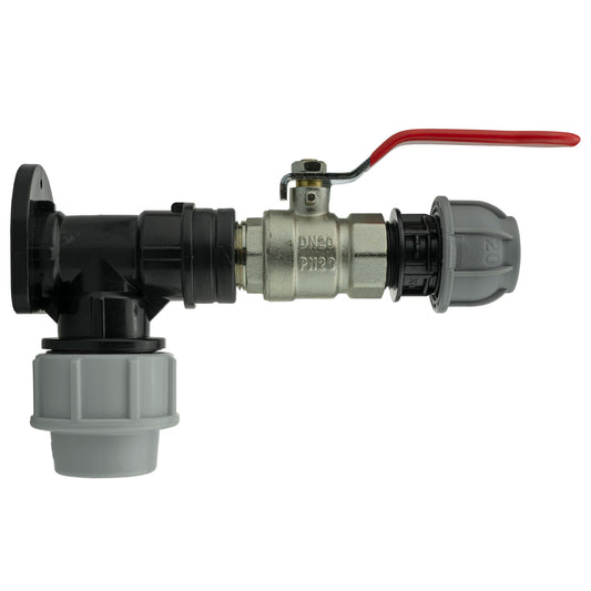 Wall flange kit: 25mm MDPE + lever valve + 20mm straight MDPE connection