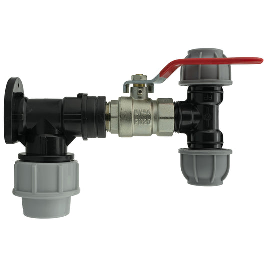Wall flange kit with MDPE tee and lever valve, 32mm connections, red handle