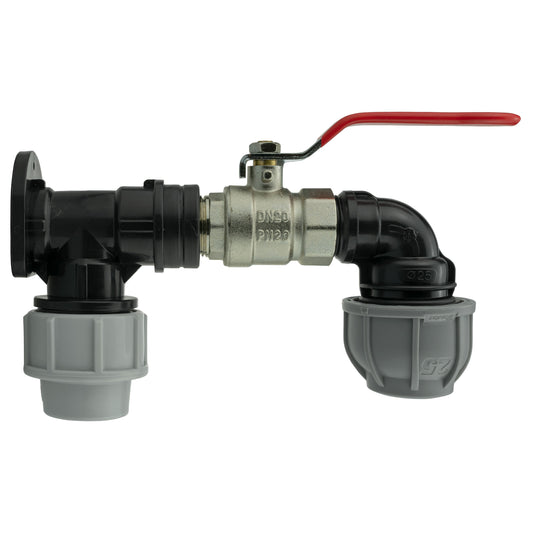 25mm MDPE wall flange kit with lever valve and elbow, black and grey plastic fittings