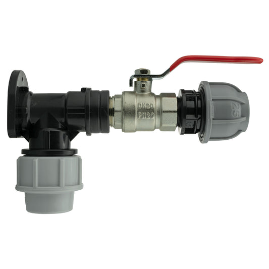 25mm MDPE wall flange kit with lever valve and straight connector, black/red handle