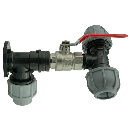 25mm MDPE wall flange kit with lever valve and 25mm tee, black/grey fittings