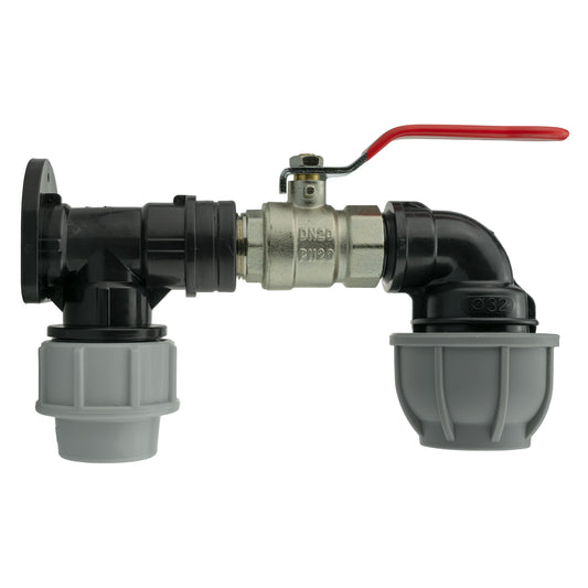 25mm MDPE wall flange kit with red lever valve, black fittings and 32mm elbow