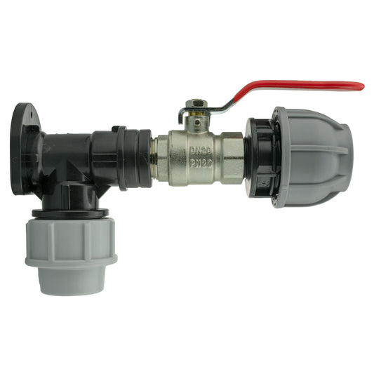 Wall flange kit with MDPE elbow connector and lever valve, red handle, grey and black parts