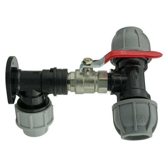 Wall flange kit 32mm MDPE tee with lever valve, grey/black fittings and red handle