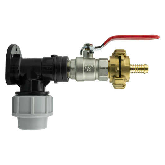 32mm wall flange kit with lever valve, red handle and brass barbed outlet