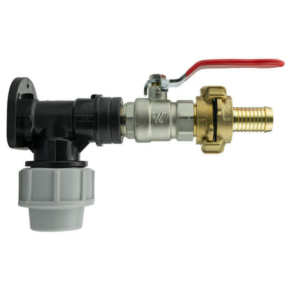 Wall flange kit: 25mm MDPE elbow with lever valve and 19mm barbed Geka fitting