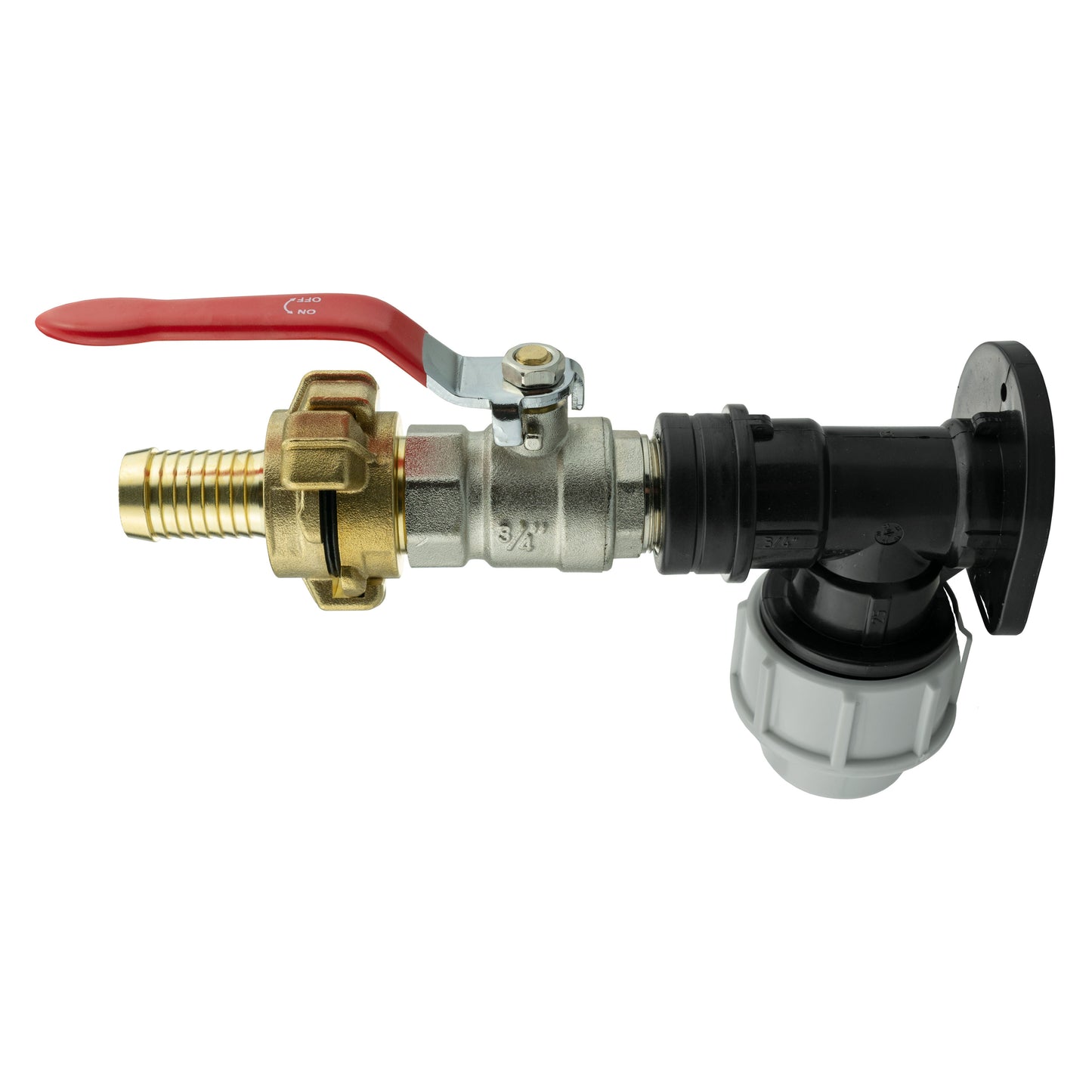 Lever valve with red handle, 19mm barbed Geka outlet, and 25mm MDPE wall fitting