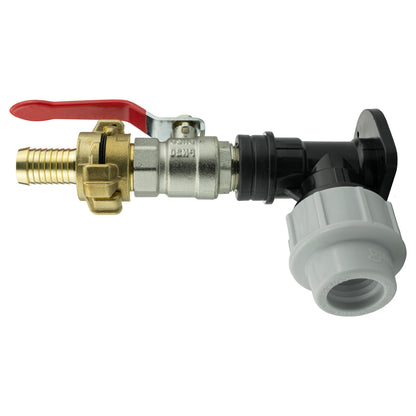 Side view of lever valve assembly: 19mm barbed Geka outlet and 25mm MDPE inlet