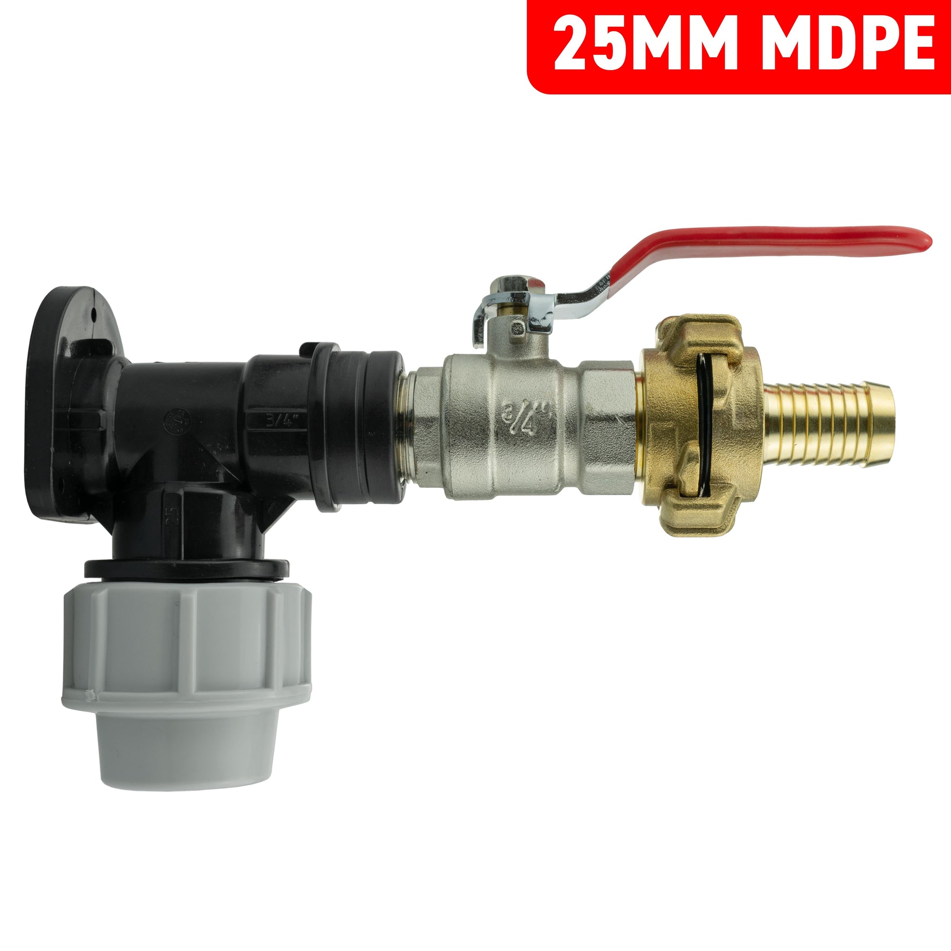 25mm MDPE wall flange kit with lever handle and 19mm barbed Geka connection