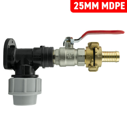 25mm MDPE wall flange kit with lever handle and 19mm barbed Geka connection